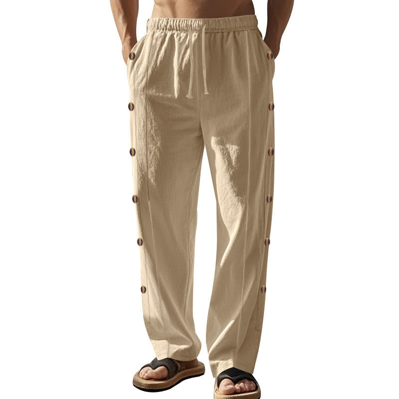 Buddha Stones Solid Color Side Buttons Men's Cotton Pants With Pockets - Bisque - US/UK/AU46，EU56 (3XL) - image 1