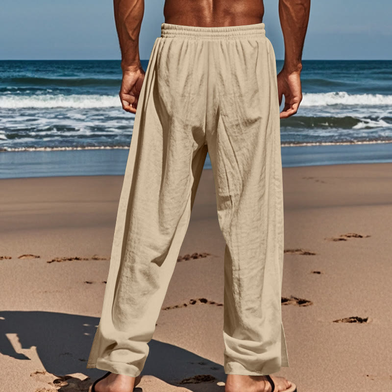 Buddha Stones Solid Color Side Buttons Men's Cotton Pants With Pockets - image 4