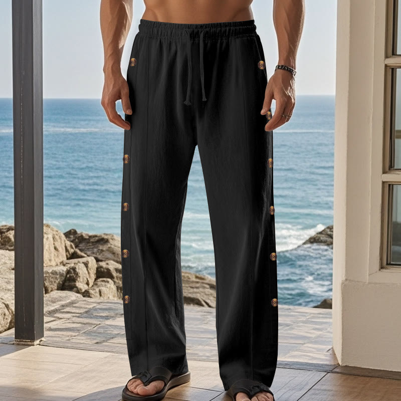 Buddha Stones Solid Color Side Buttons Men's Cotton Pants With Pockets - image 15