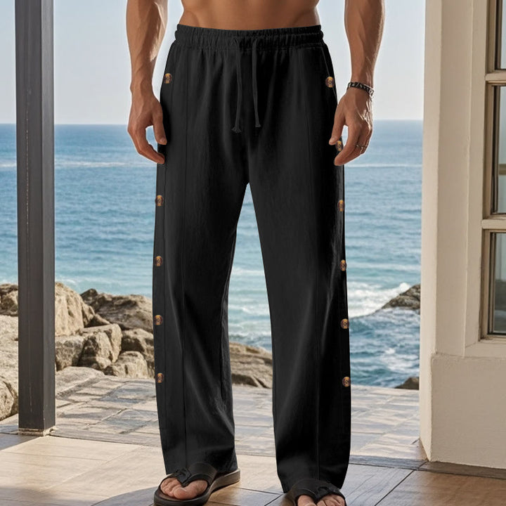 Buddha Stones Solid Color Side Buttons Men's Cotton Pants With Pockets - image 15
