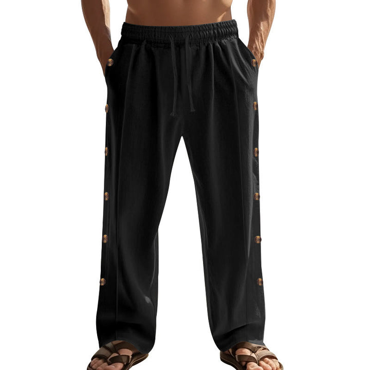 Buddha Stones Solid Color Side Buttons Men's Cotton Pants With Pockets - image 20