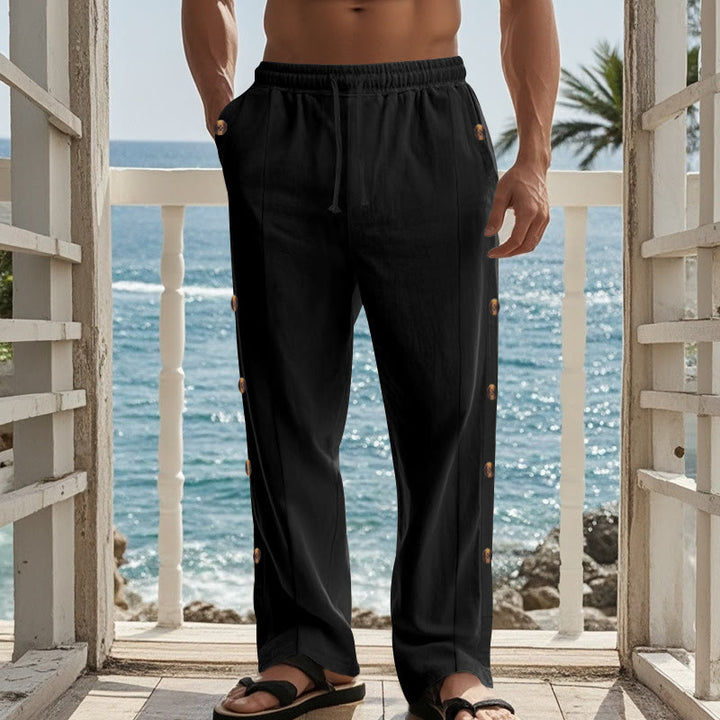Buddha Stones Solid Color Side Buttons Men's Cotton Pants With Pockets - image 13