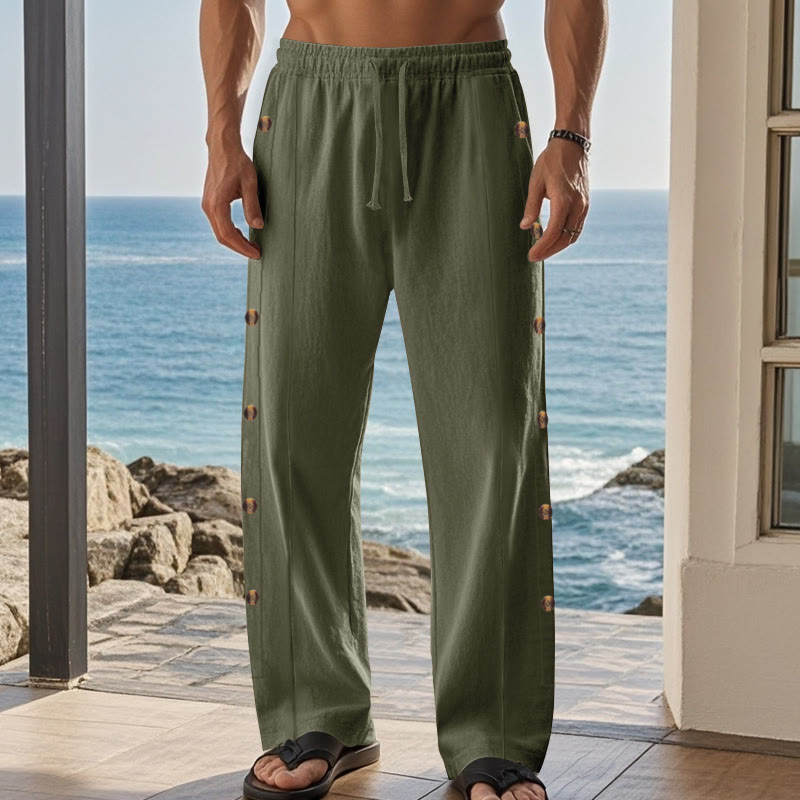 Buddha Stones Solid Color Side Buttons Men's Cotton Pants With Pockets - image 24