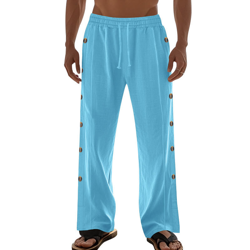 Buddha Stones Solid Color Side Buttons Men's Cotton Pants With Pockets - image 55