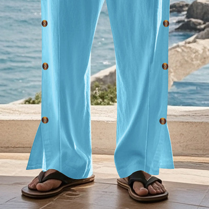 Buddha Stones Solid Color Side Buttons Men's Cotton Pants With Pockets - image 53