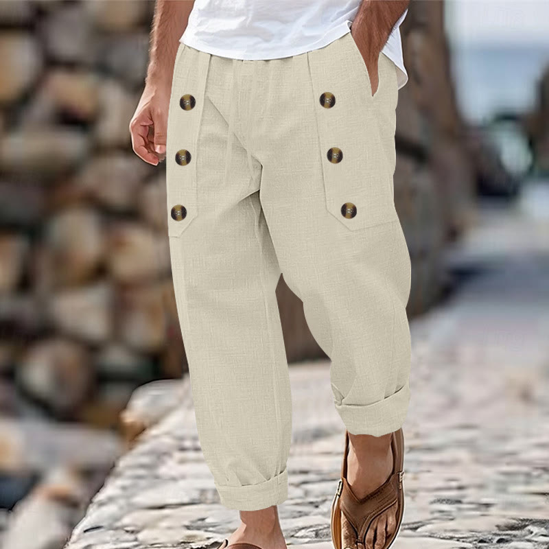 Buddha Stones Casual Plain Color Buttons Men's Cotton Pants With Pockets - Beige - US/UK/AU46，EU56 (3XL) - image 33