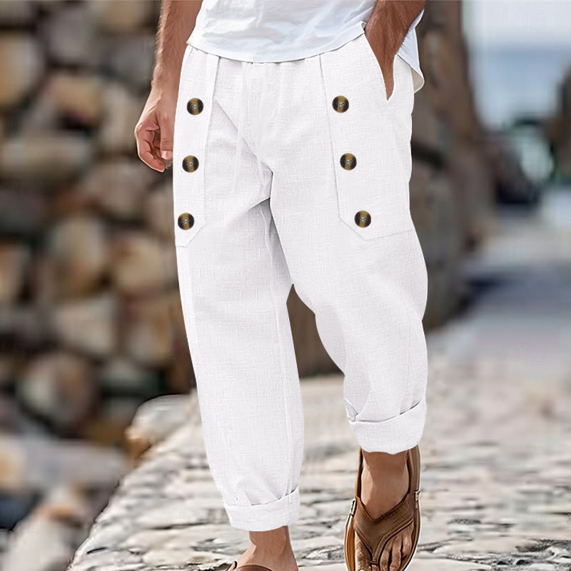 Buddha Stones Casual Plain Color Buttons Men's Cotton Pants With Pockets - White - US/UK/AU46，EU56 (3XL) - image 1