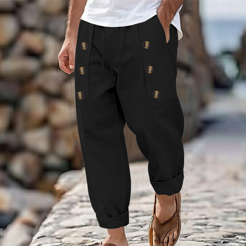 Buddha Stones Casual Plain Color Buttons Men's Cotton Pants With Pockets - Black - US/UK/AU46，EU56 (3XL) - image 9