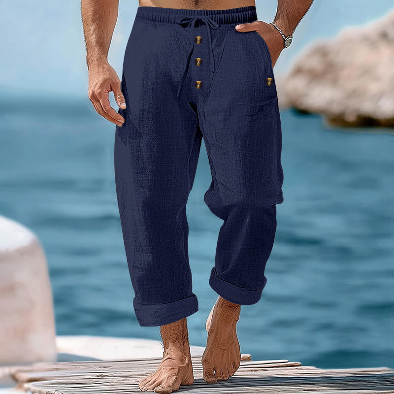 Buddha Stones Solid Color Buttons Drawstring Men's Cotton Pants With Pockets - SteelBlue - US/UK/AU46，EU56 (3XL) - image 1