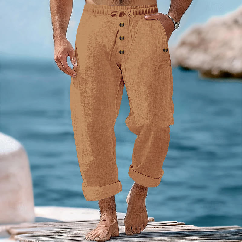Buddha Stones Solid Color Buttons Drawstring Men's Cotton Pants With Pockets - SandyBrown - US/UK/AU46，EU56 (3XL) - image 48