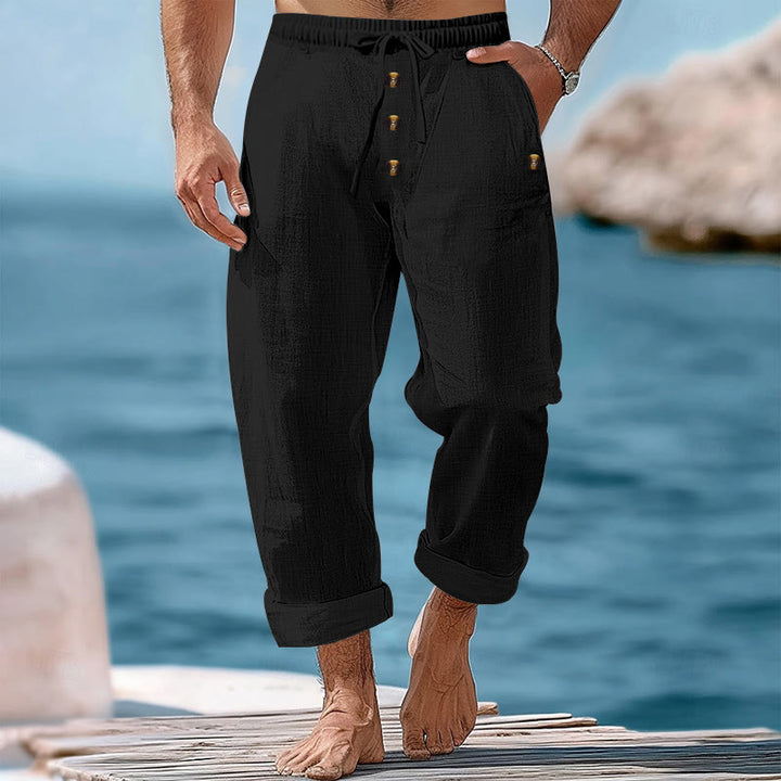 Buddha Stones Solid Color Buttons Drawstring Men's Cotton Pants With Pockets - Black - US/UK/AU46，EU56 (3XL) - image 15
