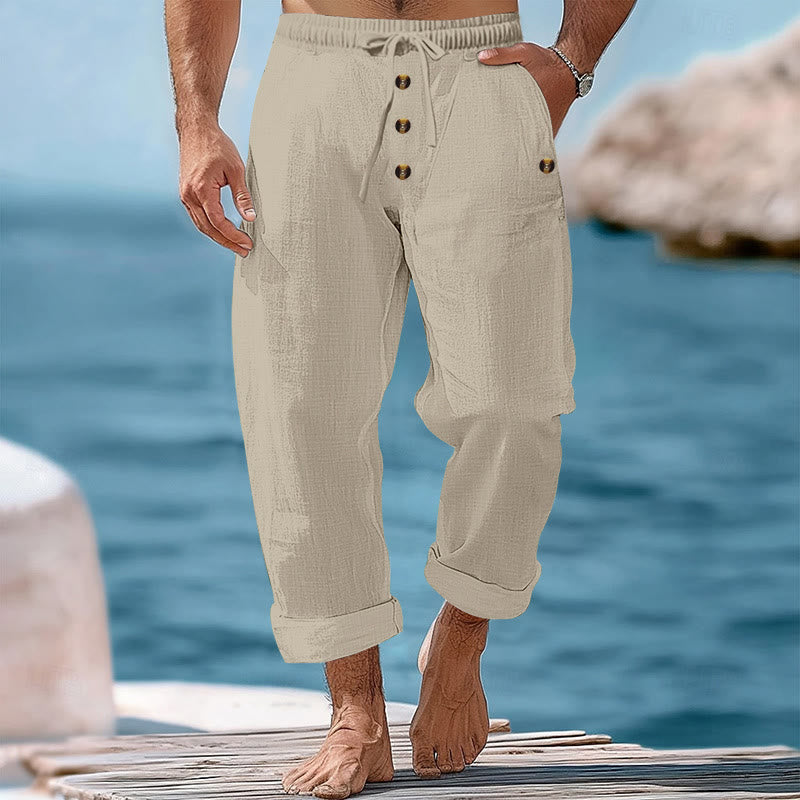 Buddha Stones Solid Color Buttons Drawstring Men's Cotton Pants With Pockets - Beige - US/UK/AU46，EU56 (3XL) - image 34