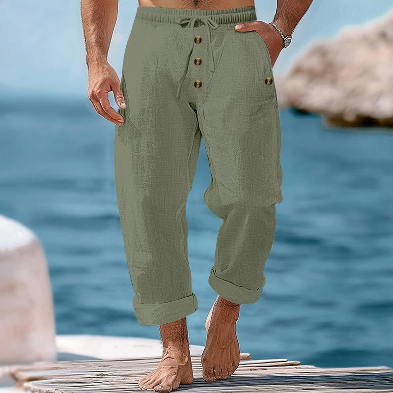 Buddha Stones Solid Color Buttons Drawstring Men's Cotton Pants With Pockets - DarkSeaGreen - US/UK/AU46，EU56 (3XL) - image 27