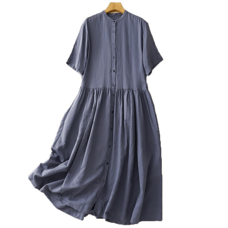 Buddha Stones Commute Pure Color Buttons Design Cotton Linen Midi Dress With Pockets - image 8
