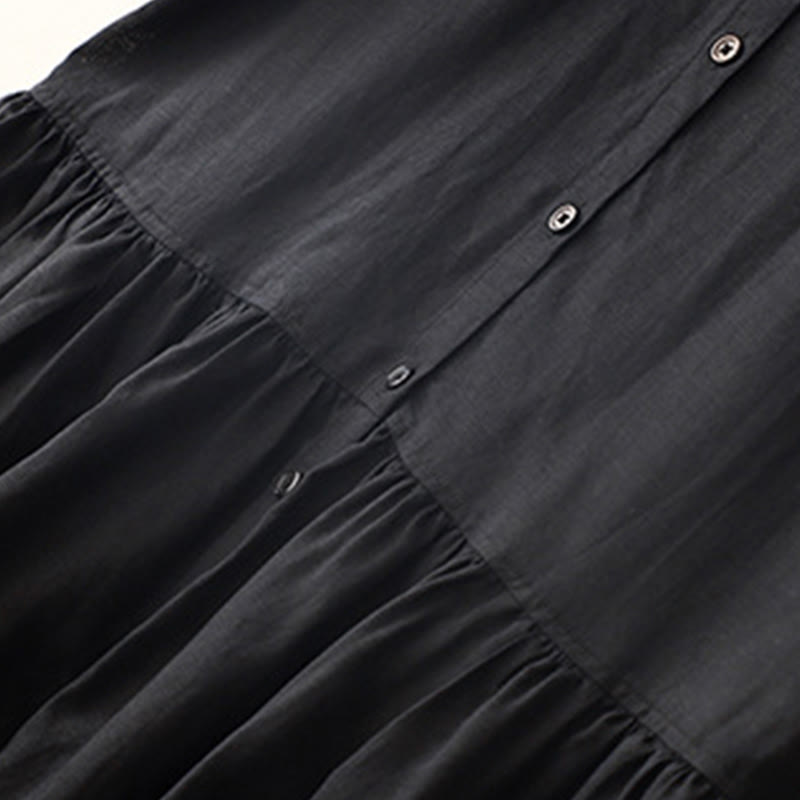 Buddha Stones Commute Pure Color Buttons Design Cotton Linen Midi Dress With Pockets - image 11