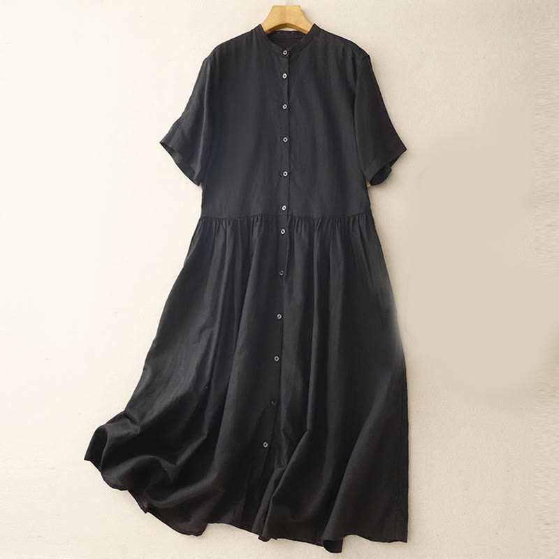 Buddha Stones Commute Pure Color Buttons Design Cotton Linen Midi Dress With Pockets - Black - US8-10，UK/AU12-14，EU40-42 (2XL) - image 9