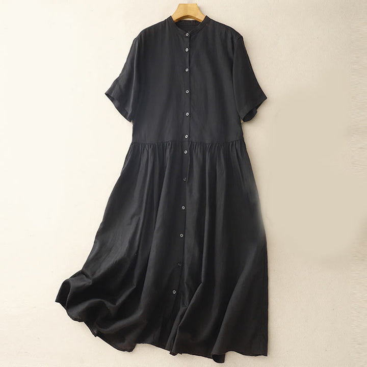 Buddha Stones Commute Pure Color Buttons Design Cotton Linen Midi Dress With Pockets - Black - US8-10，UK/AU12-14，EU40-42 (2XL) - image 9