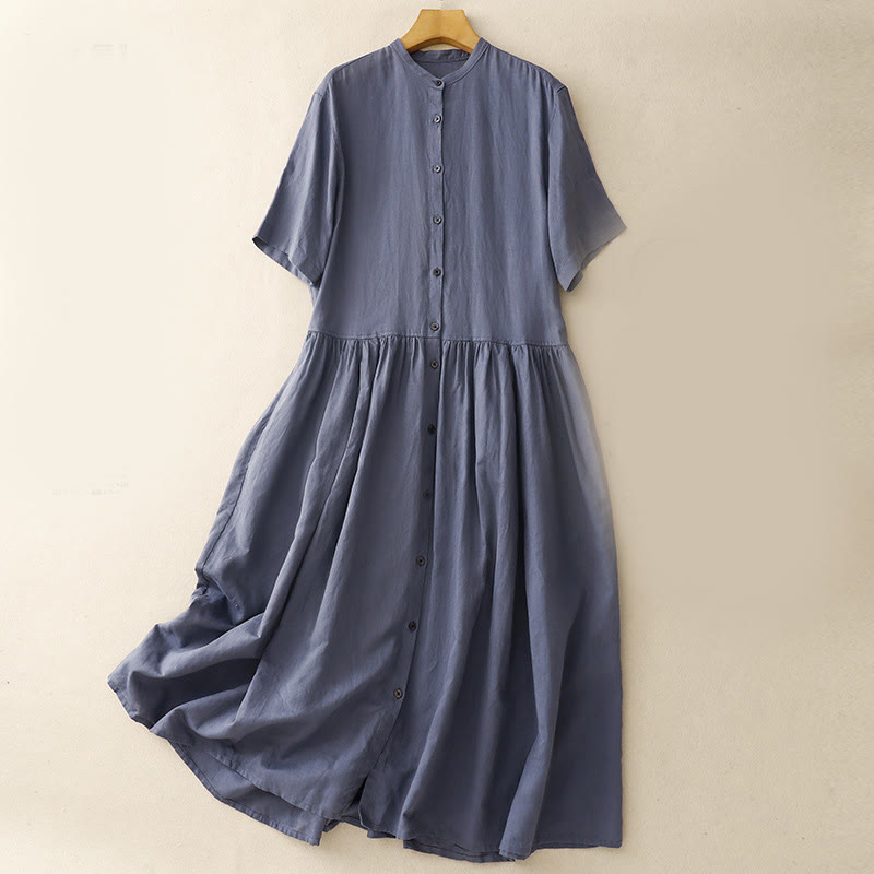Buddha Stones Commute Pure Color Buttons Design Cotton Linen Midi Dress With Pockets - LightSlateGray - US8-10，UK/AU12-14，EU40-42 (2XL) - image 1