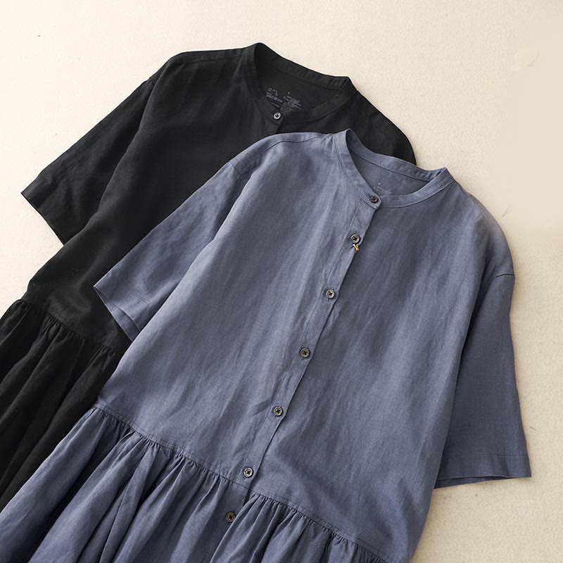 Buddha Stones Commute Pure Color Buttons Design Cotton Linen Midi Dress With Pockets - image 16