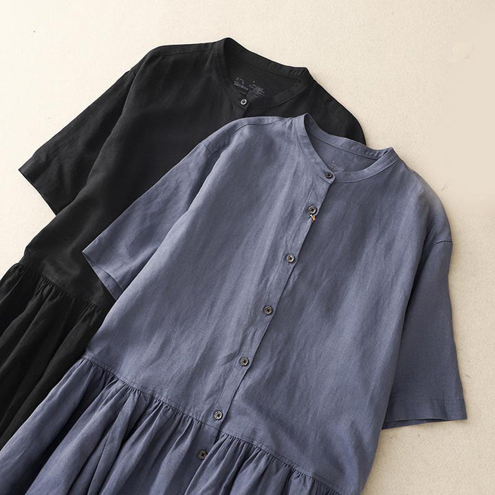 Buddha Stones Commute Pure Color Buttons Design Cotton Linen Midi Dress With Pockets - image 16
