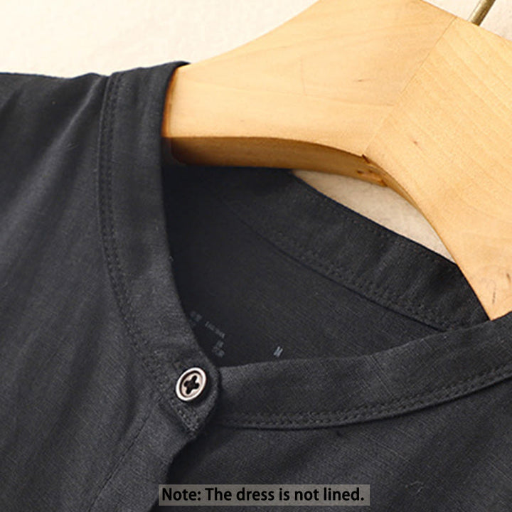 Buddha Stones Commute Pure Color Buttons Design Cotton Linen Midi Dress With Pockets - image 10
