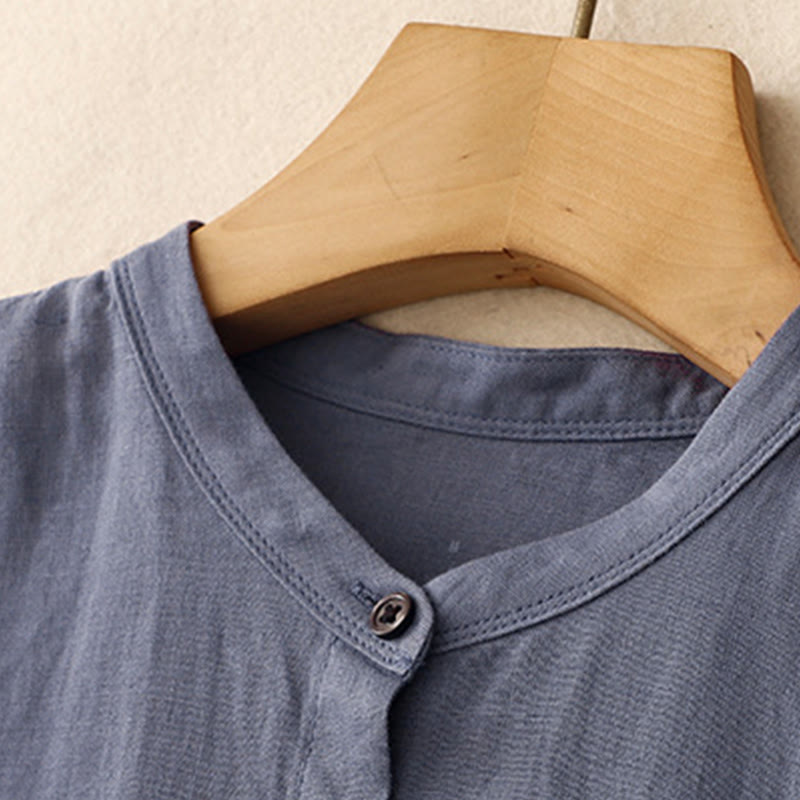Buddha Stones Commute Pure Color Buttons Design Cotton Linen Midi Dress With Pockets - image 3