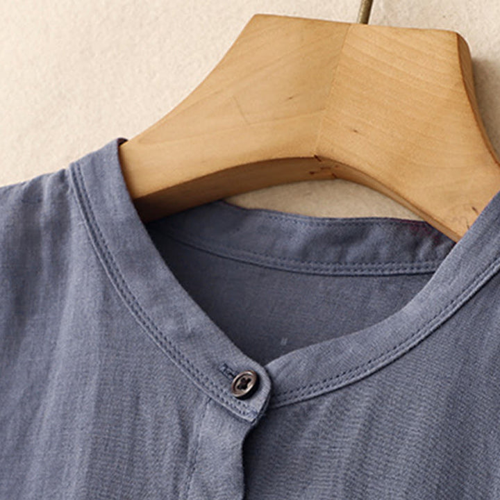 Buddha Stones Commute Pure Color Buttons Design Cotton Linen Midi Dress With Pockets - image 3