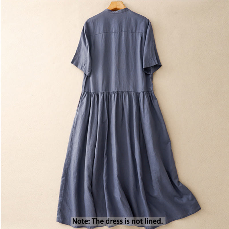 Buddha Stones Commute Pure Color Buttons Design Cotton Linen Midi Dress With Pockets - image 2