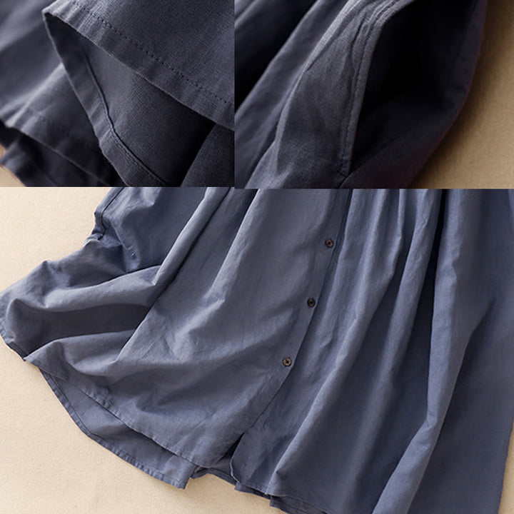Buddha Stones Commute Pure Color Buttons Design Cotton Linen Midi Dress With Pockets - image 7