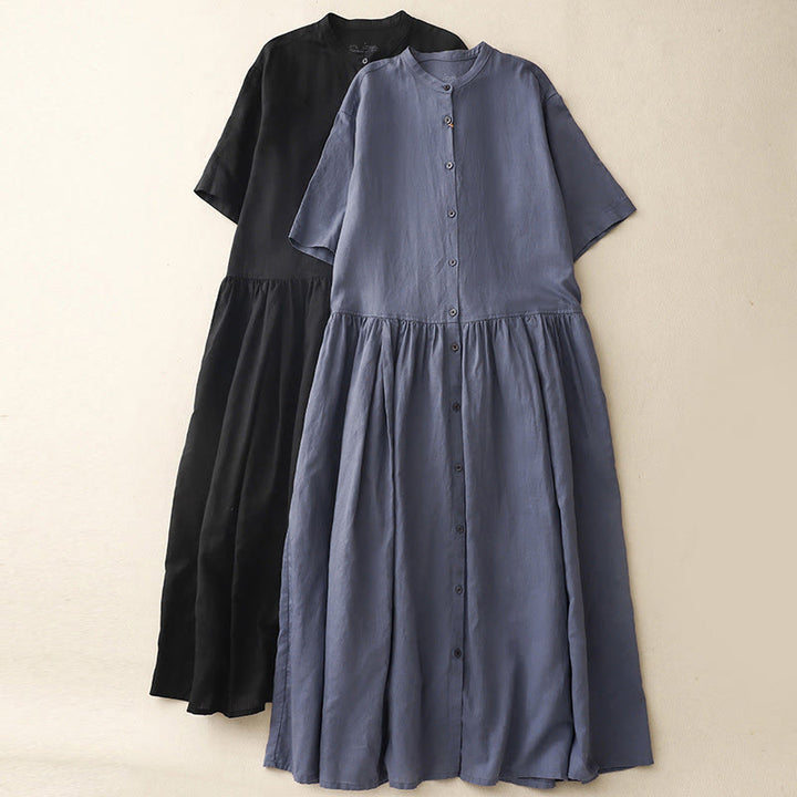 Buddha Stones Commute Pure Color Buttons Design Cotton Linen Midi Dress With Pockets - image 15