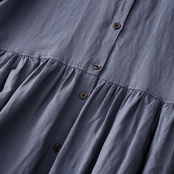 Buddha Stones Commute Pure Color Buttons Design Cotton Linen Midi Dress With Pockets - image 4