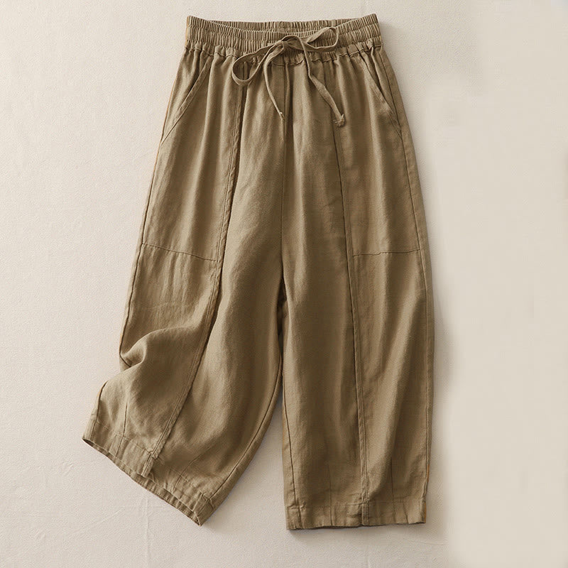 Buddha Stones Casual Plain Solid Color Patchwork Women's Polyester 7-8 Length Wide Leg Pants With Pockets - Tan - US8-10，UK/AU12-14，EU40-42 (2XL) - image 0