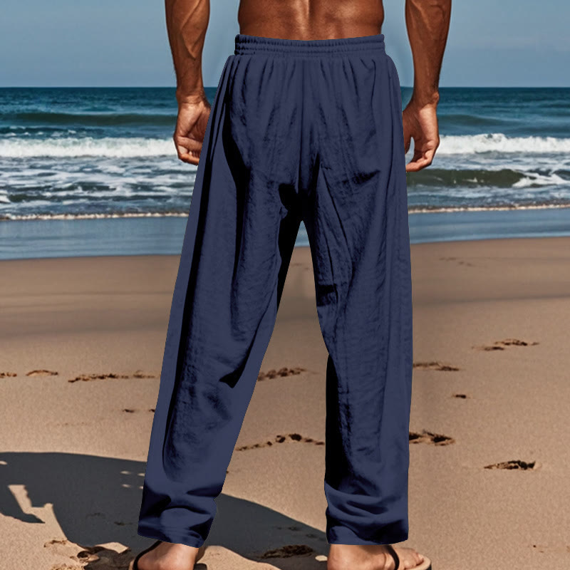 Buddha Stones Solid Color Buttons Drawstring Men's Cotton Pants With Pockets - image 3