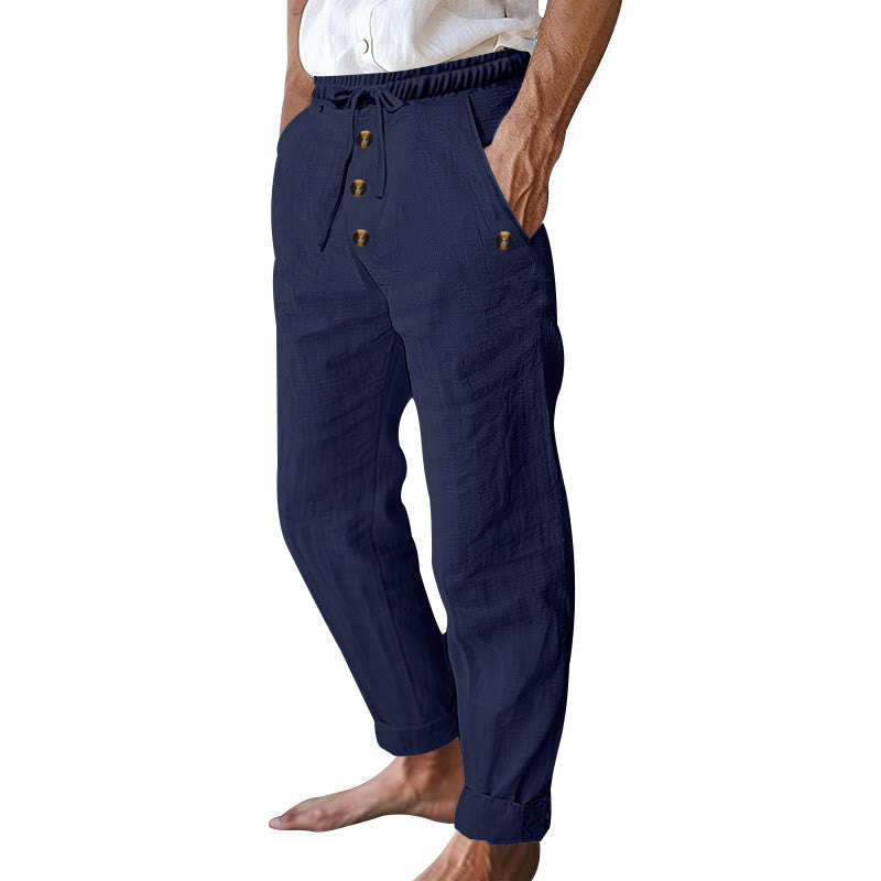 Buddha Stones Solid Color Buttons Drawstring Men's Cotton Pants With Pockets - image 4