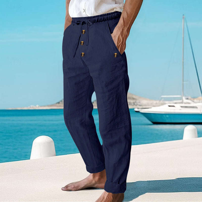 Buddha Stones Solid Color Buttons Drawstring Men's Cotton Pants With Pockets - image 2