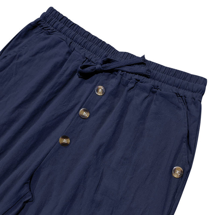 Buddha Stones Solid Color Buttons Drawstring Men's Cotton Pants With Pockets - image 5