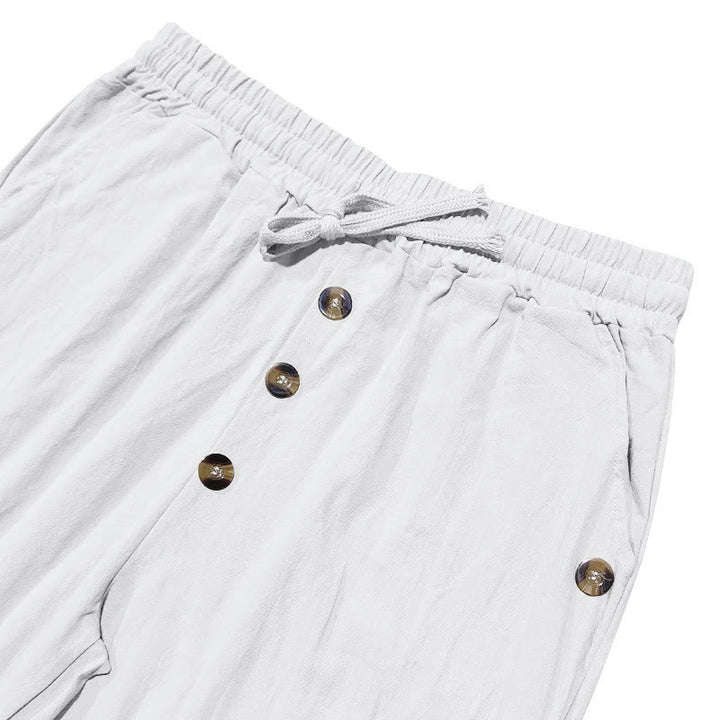 Buddha Stones Solid Color Buttons Drawstring Men's Cotton Pants With Pockets - image 12