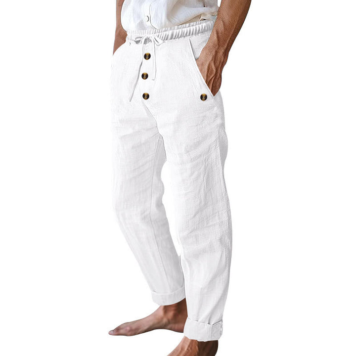 Buddha Stones Solid Color Buttons Drawstring Men's Cotton Pants With Pockets - image 11