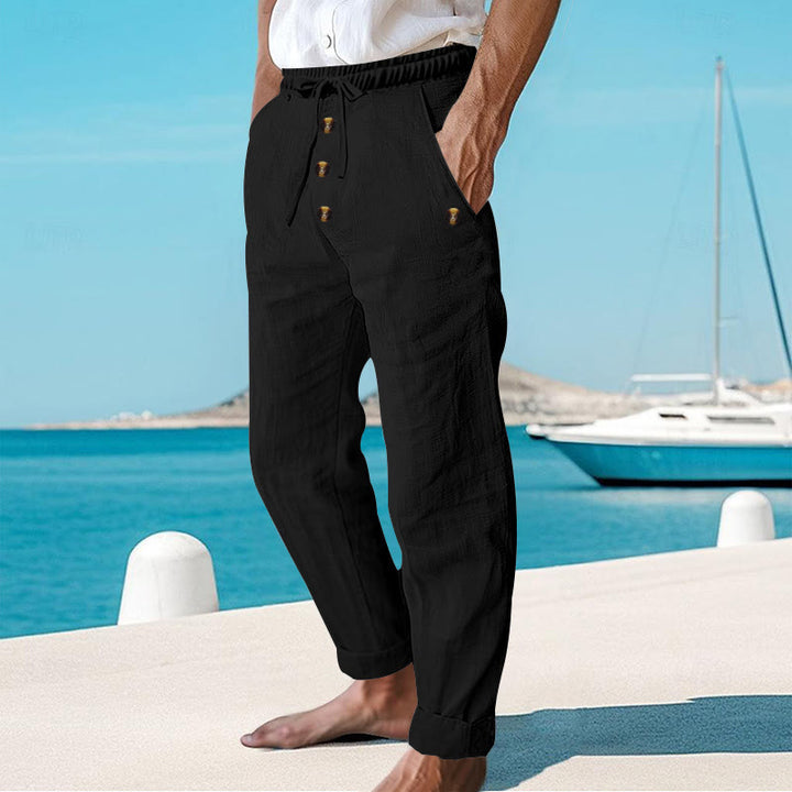 Buddha Stones Solid Color Buttons Drawstring Men's Cotton Pants With Pockets - image 16