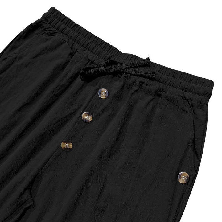 Buddha Stones Solid Color Buttons Drawstring Men's Cotton Pants With Pockets - image 18