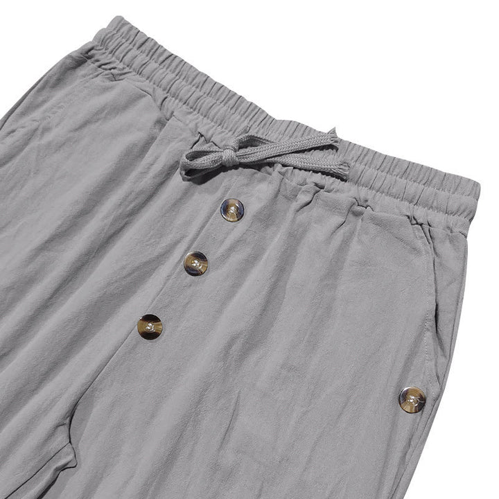 Buddha Stones Solid Color Buttons Drawstring Men's Cotton Pants With Pockets - image 24