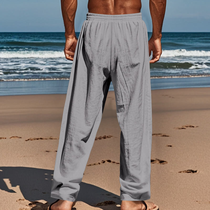 Buddha Stones Solid Color Buttons Drawstring Men's Cotton Pants With Pockets - image 23