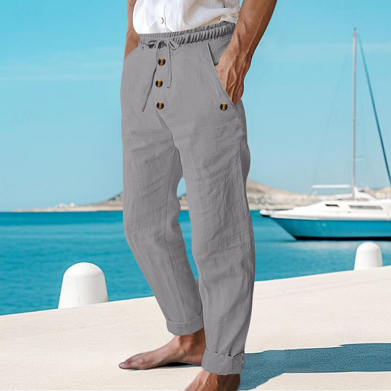 Buddha Stones Solid Color Buttons Drawstring Men's Cotton Pants With Pockets - image 22