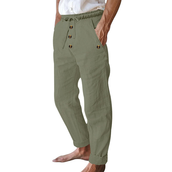 Buddha Stones Solid Color Buttons Drawstring Men's Cotton Pants With Pockets - image 30