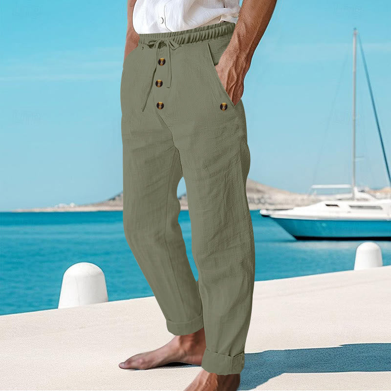 Buddha Stones Solid Color Buttons Drawstring Men's Cotton Pants With Pockets - image 28