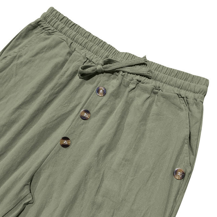 Buddha Stones Solid Color Buttons Drawstring Men's Cotton Pants With Pockets - image 19