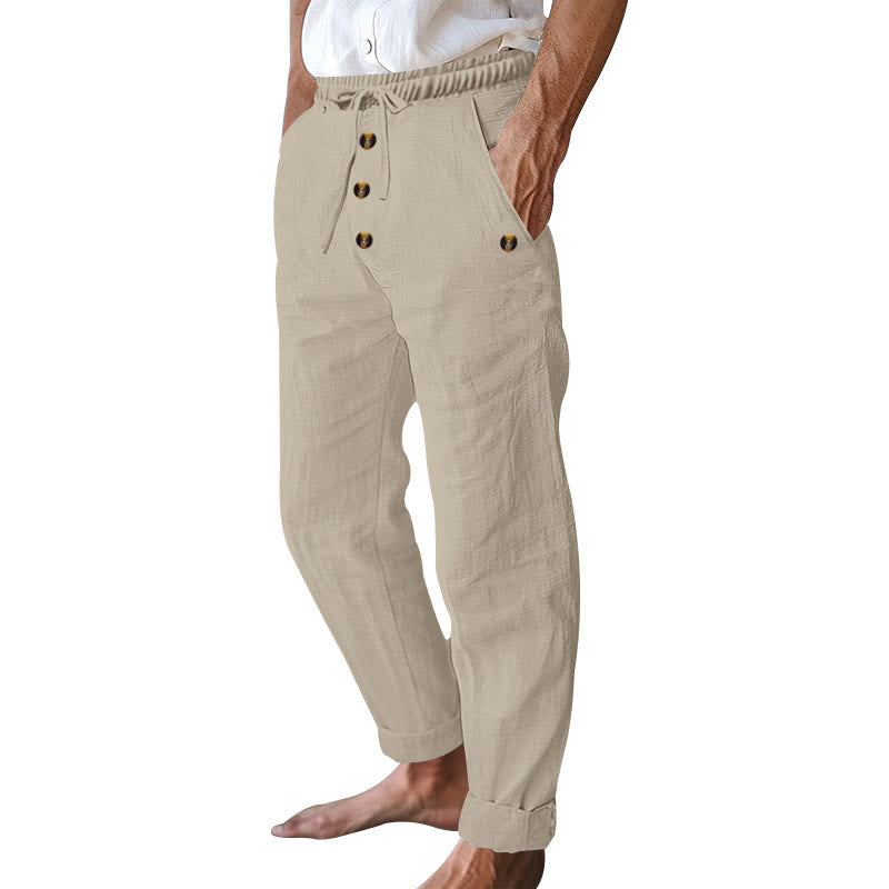 Buddha Stones Solid Color Buttons Drawstring Men's Cotton Pants With Pockets - image 37