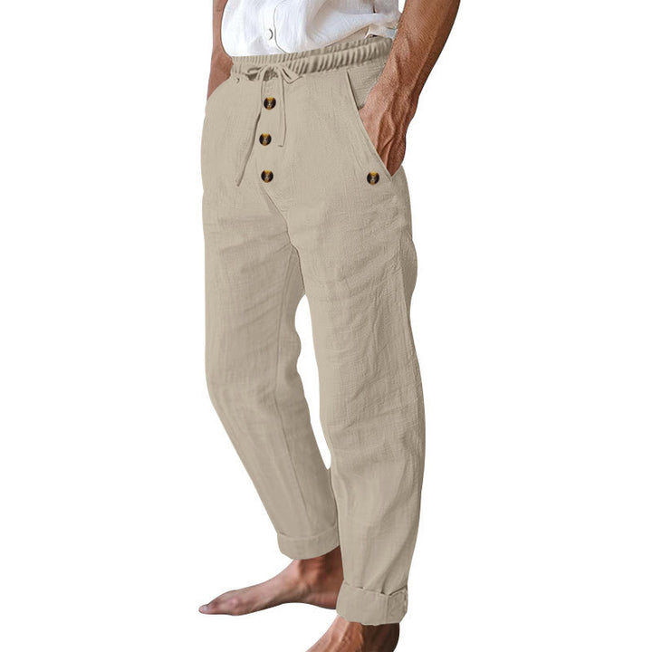 Buddha Stones Solid Color Buttons Drawstring Men's Cotton Pants With Pockets - image 37