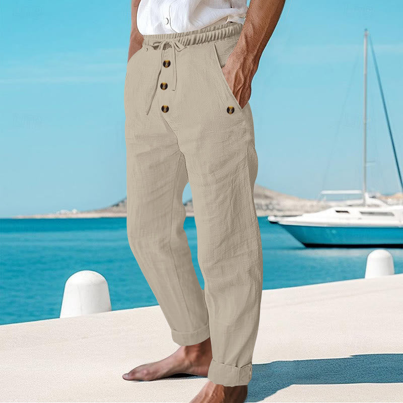 Buddha Stones Solid Color Buttons Drawstring Men's Cotton Pants With Pockets - image 35