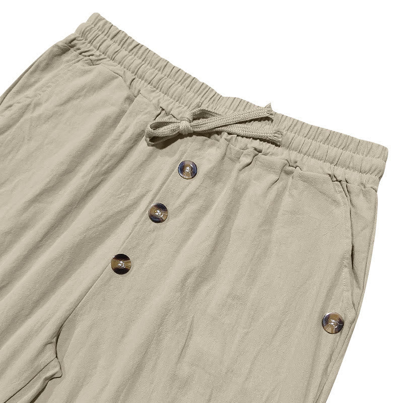 Buddha Stones Solid Color Buttons Drawstring Men's Cotton Pants With Pockets - image 38